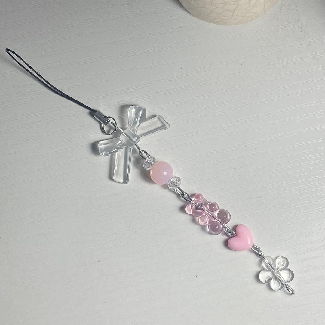 Beaded Phone Strap: Pink Heart & Clover Charm