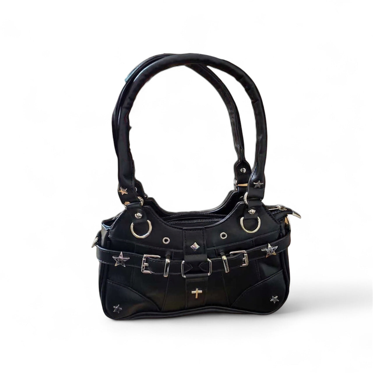 Black Y2K Shoulder Bag – Star Studs, Cross Charm & Buckle Detail